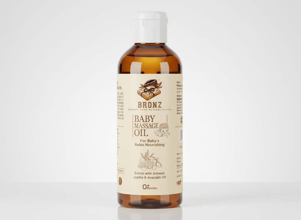 Bronz Baby Massage Oil is a gentle, nourishing blend specially created for your baby’s delicate skin. Enriched with Almond, Jojoba, and Avocado Oils, it deeply moisturizes, softens, and protects while promoting relaxation during daily massage. Suitable for 0+ months, this lightweight, non-sticky formula absorbs easily and supports healthy skin from the very first day.
