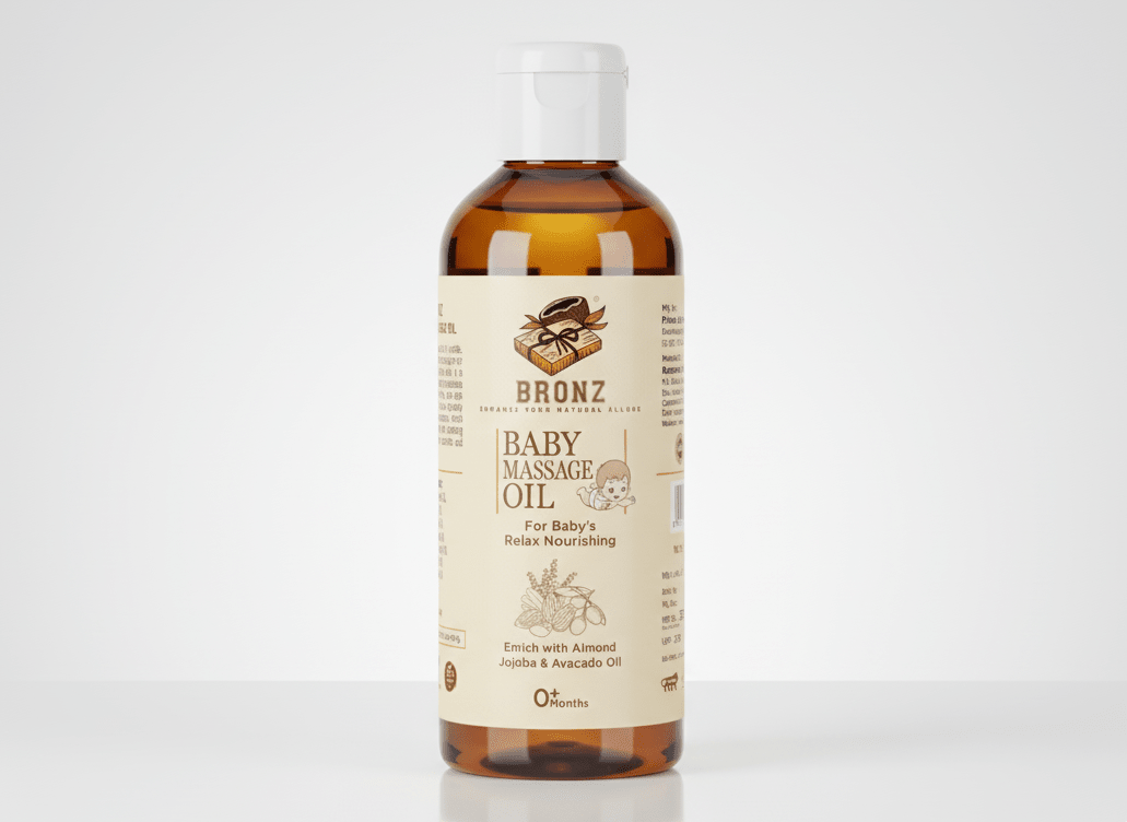 Bronz Baby Massage Oil is a gentle, nourishing blend specially created for your baby’s delicate skin. Enriched with Almond, Jojoba, and Avocado Oils, it deeply moisturizes, softens, and protects while promoting relaxation during daily massage. Suitable for 0+ months, this lightweight, non-sticky formula absorbs easily and supports healthy skin from the very first day.